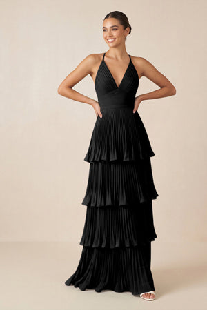 Tiered Pleated V - Neck A - Line Chiffon Bridesmaid Dress in Black - KISS BRIDAL Bridesmaid Dresses