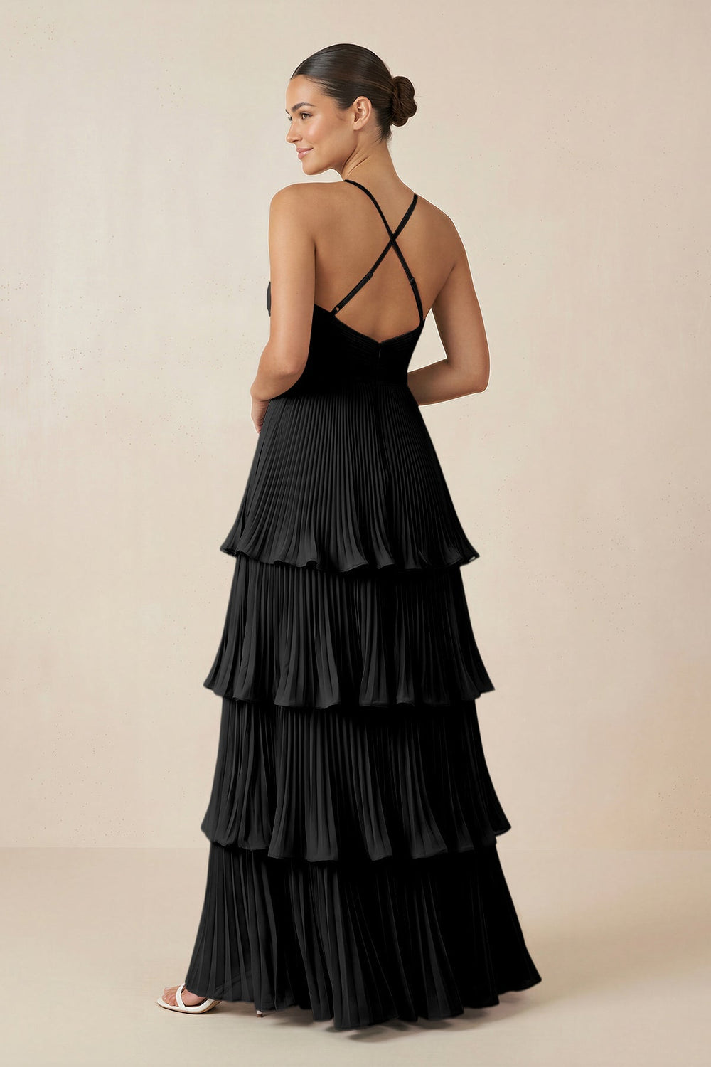 Tiered Pleated V - Neck A - Line Chiffon Bridesmaid Dress in Black - KISS BRIDAL Bridesmaid Dresses