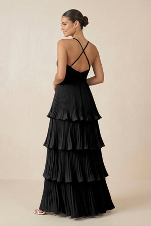 Tiered Pleated V - Neck A - Line Chiffon Bridesmaid Dress in Black - KISS BRIDAL Bridesmaid Dresses