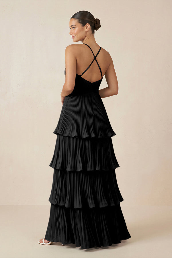 Tiered Pleated V - Neck A - Line Chiffon Bridesmaid Dress in Black - KISS BRIDAL Bridesmaid Dresses