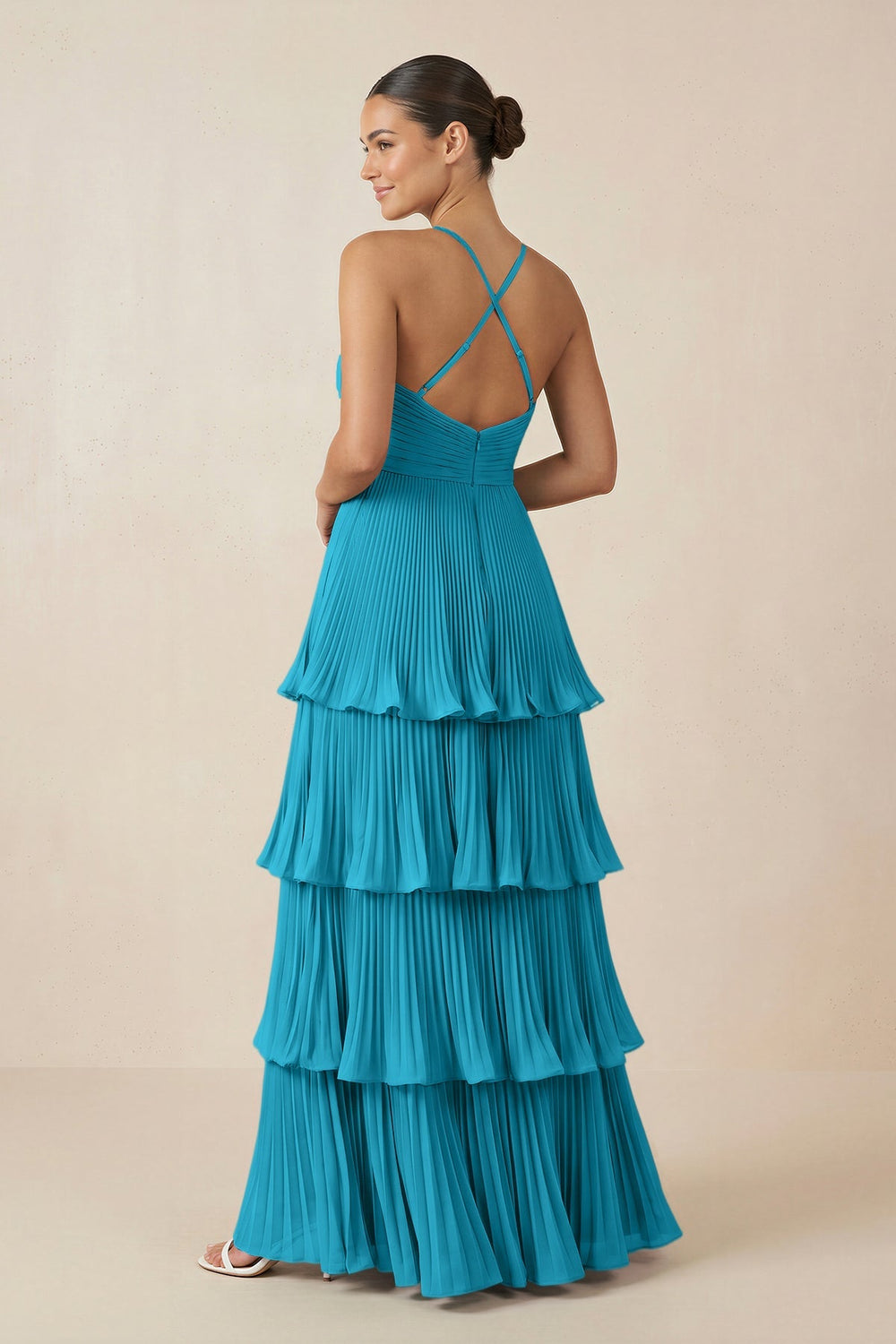 Tiered Pleated V - Neck A - Line Chiffon Bridesmaid Dress in Blue Jay - KISS BRIDAL Bridesmaid Dresses