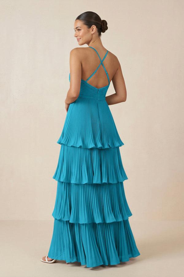Tiered Pleated V - Neck A - Line Chiffon Bridesmaid Dress in Blue Jay - KISS BRIDAL Bridesmaid Dresses
