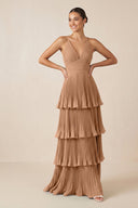 Tiered Pleated V - Neck A - Line Chiffon Bridesmaid Dress in Bronzer - KISS BRIDAL Bridesmaid Dresses