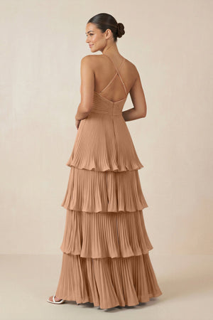 Tiered Pleated V - Neck A - Line Chiffon Bridesmaid Dress in Bronzer - KISS BRIDAL Bridesmaid Dresses
