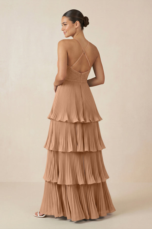 Tiered Pleated V - Neck A - Line Chiffon Bridesmaid Dress in Bronzer - KISS BRIDAL Bridesmaid Dresses