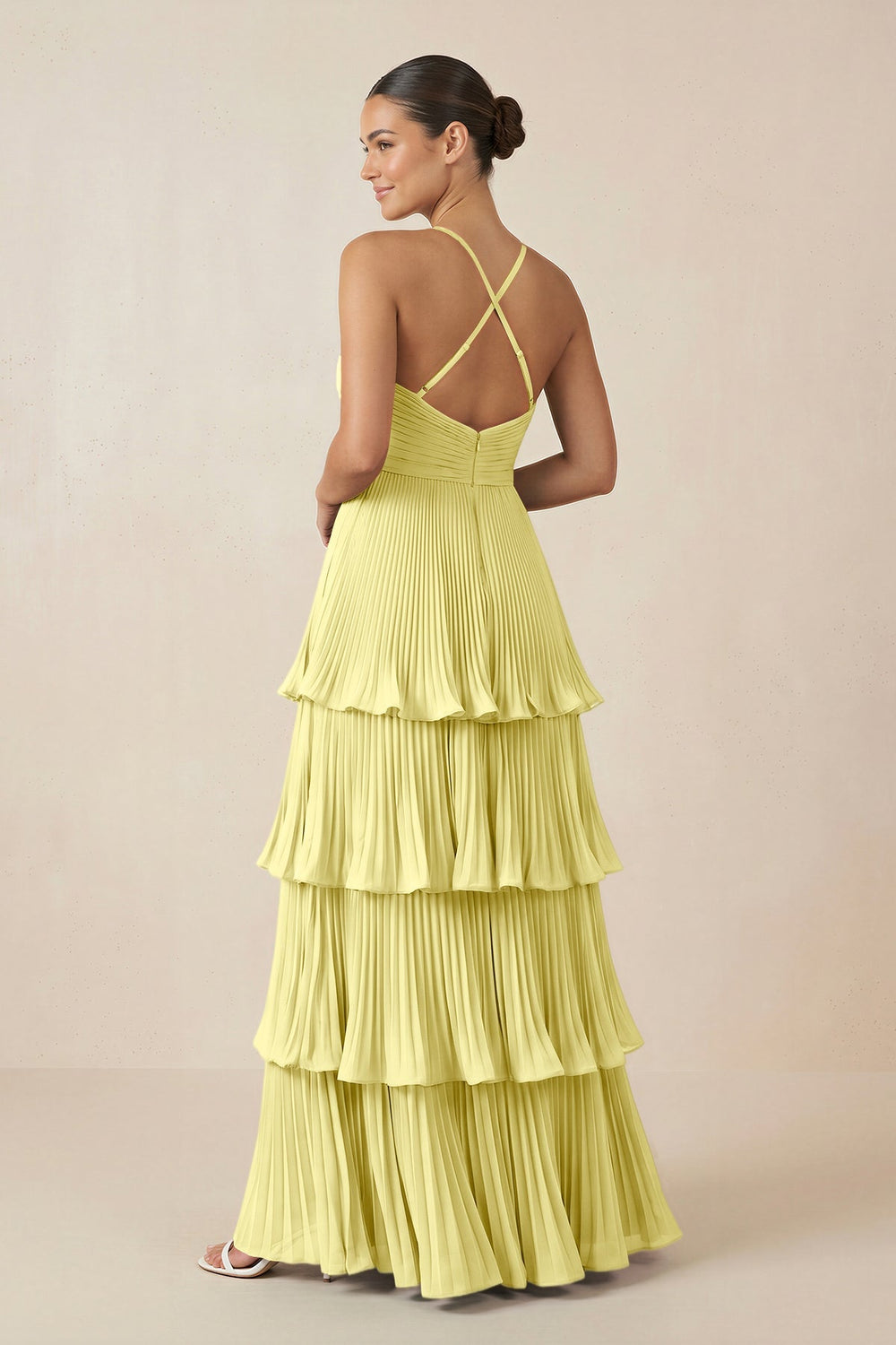 Tiered Pleated V - Neck A - Line Chiffon Bridesmaid Dress in Buttercup - KISS BRIDAL Bridesmaid Dresses