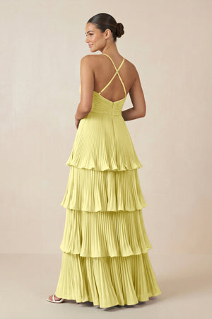 Tiered Pleated V - Neck A - Line Chiffon Bridesmaid Dress in Buttercup - KISS BRIDAL Bridesmaid Dresses