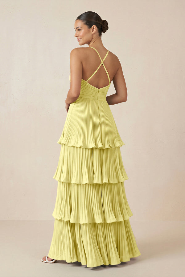 Tiered Pleated V - Neck A - Line Chiffon Bridesmaid Dress in Buttercup - KISS BRIDAL Bridesmaid Dresses
