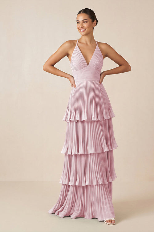 Tiered Pleated V - Neck A - Line Chiffon Bridesmaid Dress in Candy Pink - KISS BRIDAL Bridesmaid Dresses