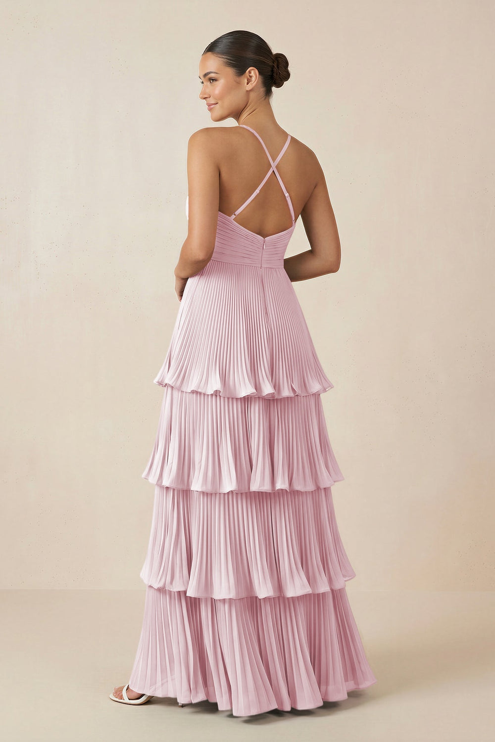 Tiered Pleated V - Neck A - Line Chiffon Bridesmaid Dress in Candy Pink - KISS BRIDAL Bridesmaid Dresses