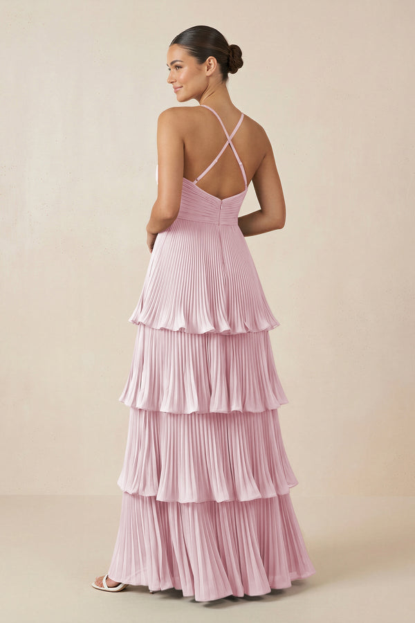 Tiered Pleated V - Neck A - Line Chiffon Bridesmaid Dress in Candy Pink - KISS BRIDAL Bridesmaid Dresses