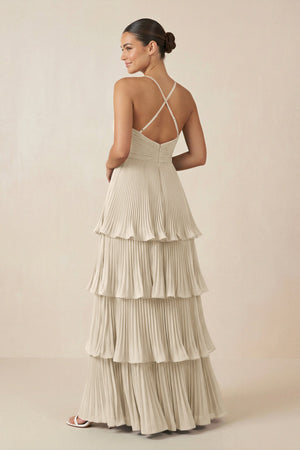 Tiered Pleated V - Neck A - Line Chiffon Bridesmaid Dress in Champagne - KISS BRIDAL Bridesmaid Dresses