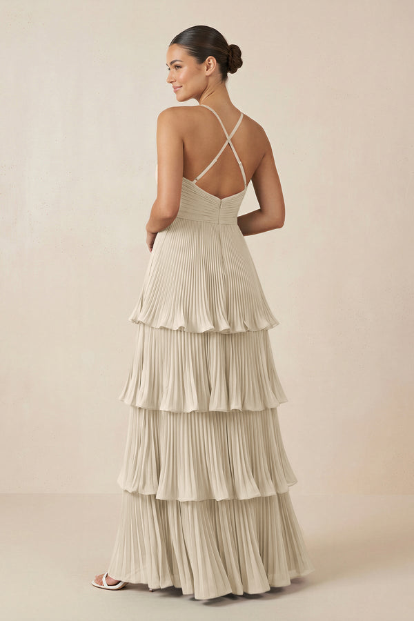 Tiered Pleated V - Neck A - Line Chiffon Bridesmaid Dress in Champagne - KISS BRIDAL Bridesmaid Dresses