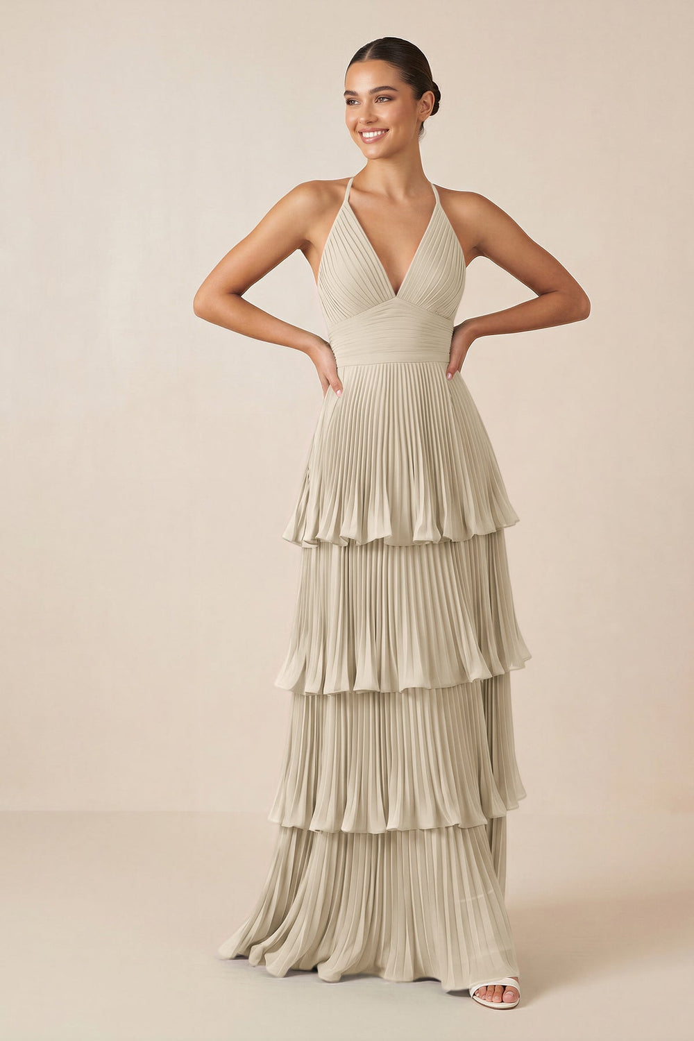 Tiered Pleated V - Neck A - Line Chiffon Bridesmaid Dress in Champagne - KISS BRIDAL Bridesmaid Dresses