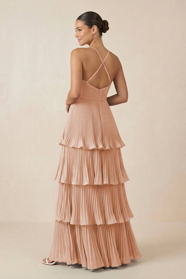 Tiered Pleated V - Neck A - Line Chiffon Bridesmaid Dress in Champagne Rose - KISS BRIDAL Bridesmaid Dresses