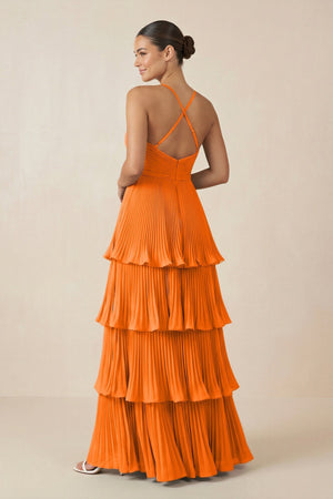 Tiered Pleated V - Neck A - Line Chiffon Bridesmaid Dress in Cinnamon - KISS BRIDAL Bridesmaid Dresses