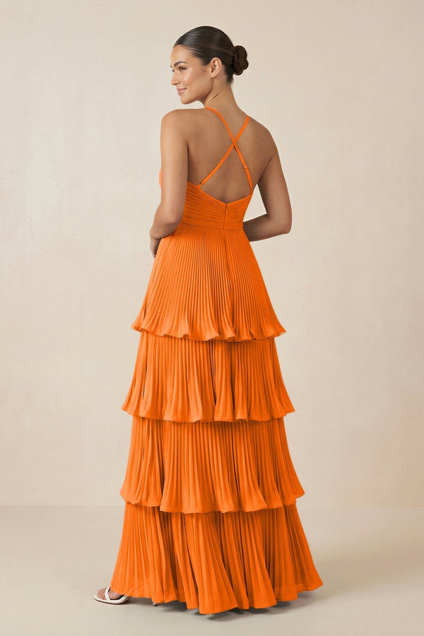Tiered Pleated V - Neck A - Line Chiffon Bridesmaid Dress in Cinnamon - KISS BRIDAL Bridesmaid Dresses