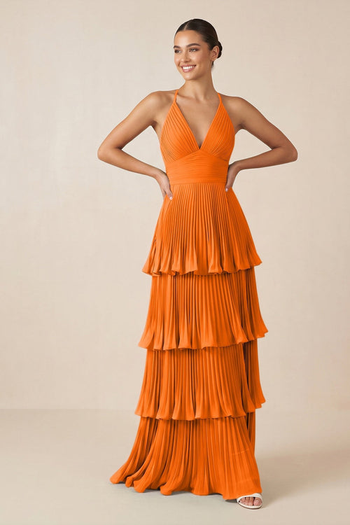 Tiered Pleated V - Neck A - Line Chiffon Bridesmaid Dress in Cinnamon - KISS BRIDAL Bridesmaid Dresses