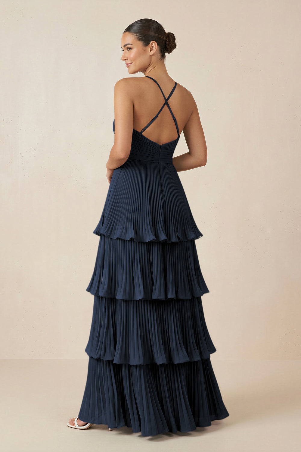 Tiered Pleated V - Neck A - Line Chiffon Bridesmaid Dress in Dark Navy - KISS BRIDAL Bridesmaid Dresses