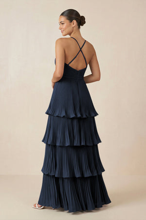 Tiered Pleated V - Neck A - Line Chiffon Bridesmaid Dress in Dark Navy - KISS BRIDAL Bridesmaid Dresses