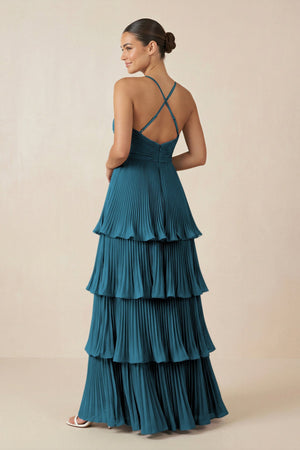 Tiered Pleated V - Neck A - Line Chiffon Bridesmaid Dress in Dark Teal - KISS BRIDAL Bridesmaid Dresses