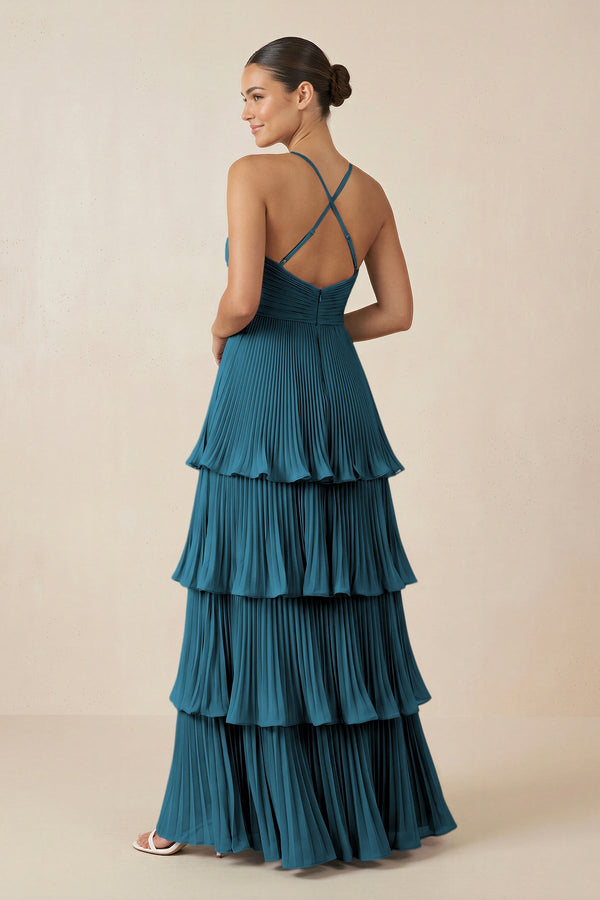 Tiered Pleated V - Neck A - Line Chiffon Bridesmaid Dress in Dark Teal - KISS BRIDAL Bridesmaid Dresses