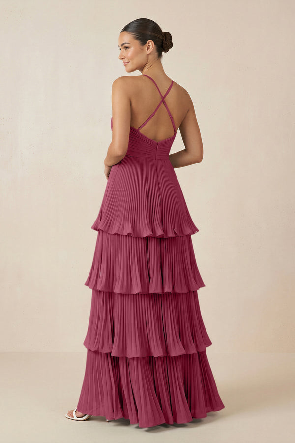 Tiered Pleated V - Neck A - Line Chiffon Bridesmaid Dress in Desert Rose - KISS BRIDAL Bridesmaid Dresses
