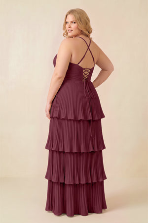Tiered Pleated V-Neck A-Line Chiffon Bridesmaid Dress in Desert Rose (2) [sizeplus] | KISSBRIDAL