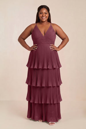 Tiered Pleated V-Neck A-Line Chiffon Bridesmaid Dress in Desert Rose (3) [sizeplus] | KISSBRIDAL