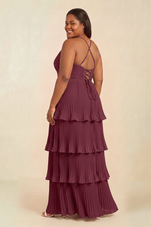 Tiered Pleated V-Neck A-Line Chiffon Bridesmaid Dress in Desert Rose (4) [sizeplus] | KISSBRIDAL