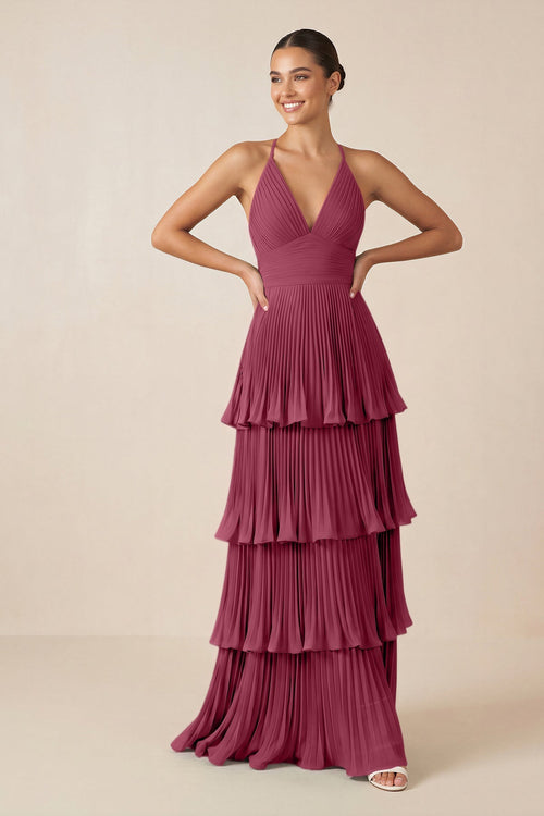 Tiered Pleated V - Neck A - Line Chiffon Bridesmaid Dress in Desert Rose - KISS BRIDAL Bridesmaid Dresses
