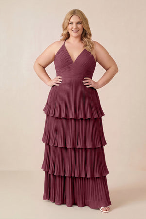Tiered Pleated V-Neck A-Line Chiffon Bridesmaid Dress in Desert Rose [sizeplus] | KISSBRIDAL