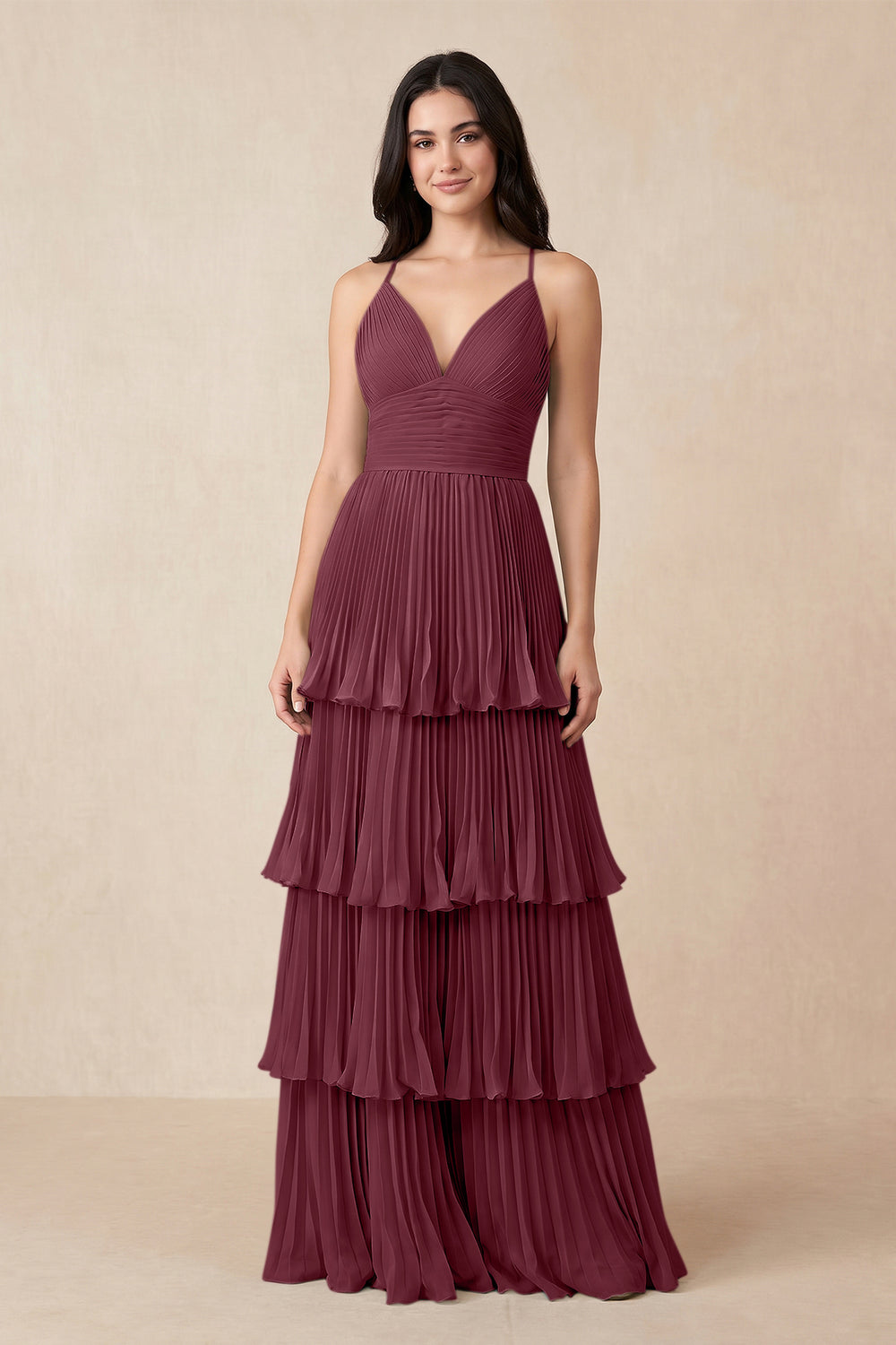 Tiered Pleated V-Neck A-Line Chiffon Bridesmaid Dress in Desert Rose
