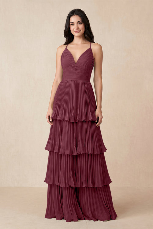 Tiered Pleated V-Neck A-Line Chiffon Bridesmaid Dress in Desert Rose | KISSBRIDAL