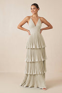 Tiered Pleated V - Neck A - Line Chiffon Bridesmaid Dress in Dove Gray - KISS BRIDAL Bridesmaid Dresses