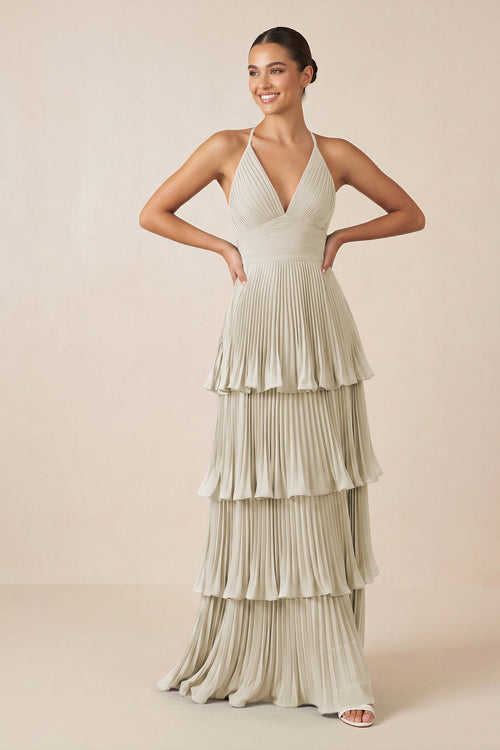 Tiered Pleated V - Neck A - Line Chiffon Bridesmaid Dress in Dove Gray - KISS BRIDAL Bridesmaid Dresses