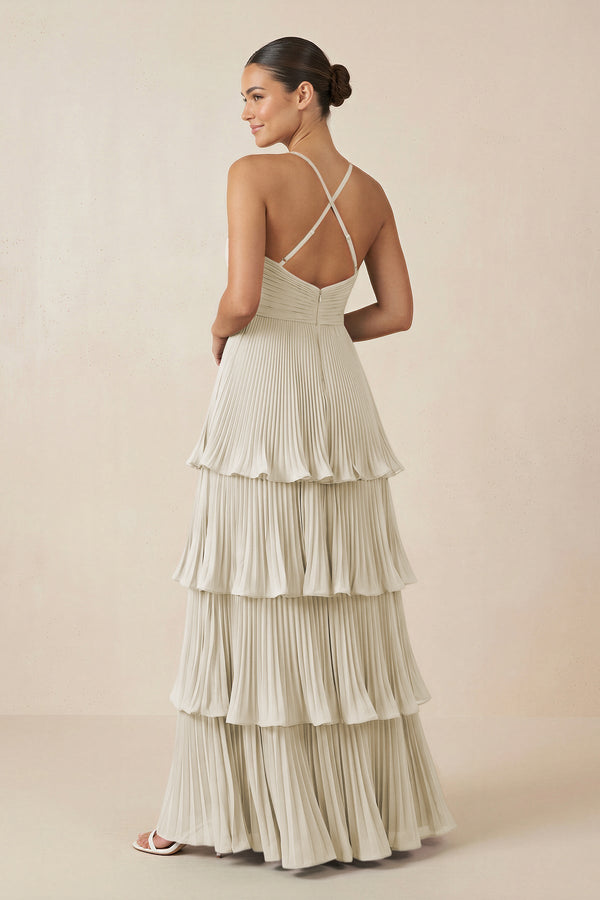 Tiered Pleated V - Neck A - Line Chiffon Bridesmaid Dress in Dove Gray - KISS BRIDAL Bridesmaid Dresses