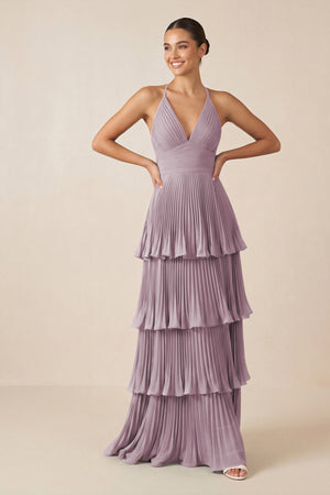 Tiered Pleated V - Neck A - Line Chiffon Bridesmaid Dress in Dusk - KISS BRIDAL Bridesmaid Dresses