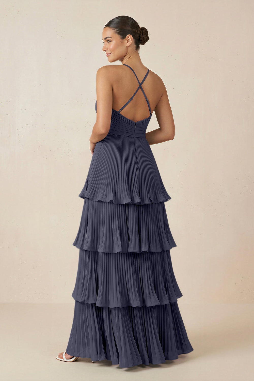 Tiered Pleated V - Neck A - Line Chiffon Bridesmaid Dress in Dusk Blue - KISS BRIDAL Bridesmaid Dresses