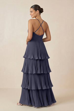 Tiered Pleated V - Neck A - Line Chiffon Bridesmaid Dress in Dusk Blue - KISS BRIDAL Bridesmaid Dresses