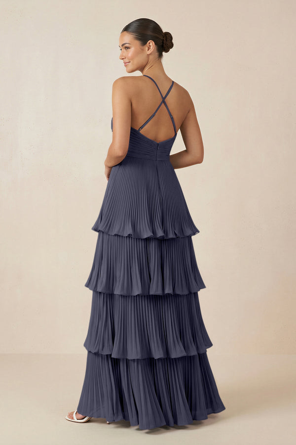 Tiered Pleated V - Neck A - Line Chiffon Bridesmaid Dress in Dusk Blue - KISS BRIDAL Bridesmaid Dresses