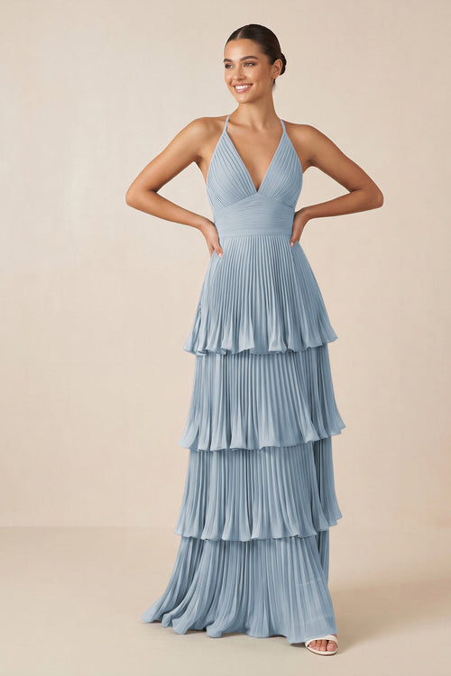 Tiered Pleated V - Neck A - Line Chiffon Bridesmaid Dress in Dusty Blue - KISS BRIDAL Bridesmaid Dresses