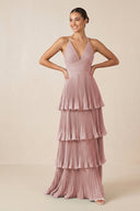 Tiered Pleated V - Neck A - Line Chiffon Bridesmaid Dress in Dusty Rose - KISS BRIDAL Bridesmaid Dresses