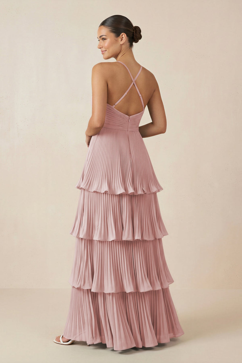 Tiered Pleated V - Neck A - Line Chiffon Bridesmaid Dress in Dusty Rose - KISS BRIDAL Bridesmaid Dresses