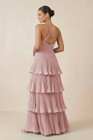 Tiered Pleated V - Neck A - Line Chiffon Bridesmaid Dress in Dusty Rose - KISS BRIDAL Bridesmaid Dresses