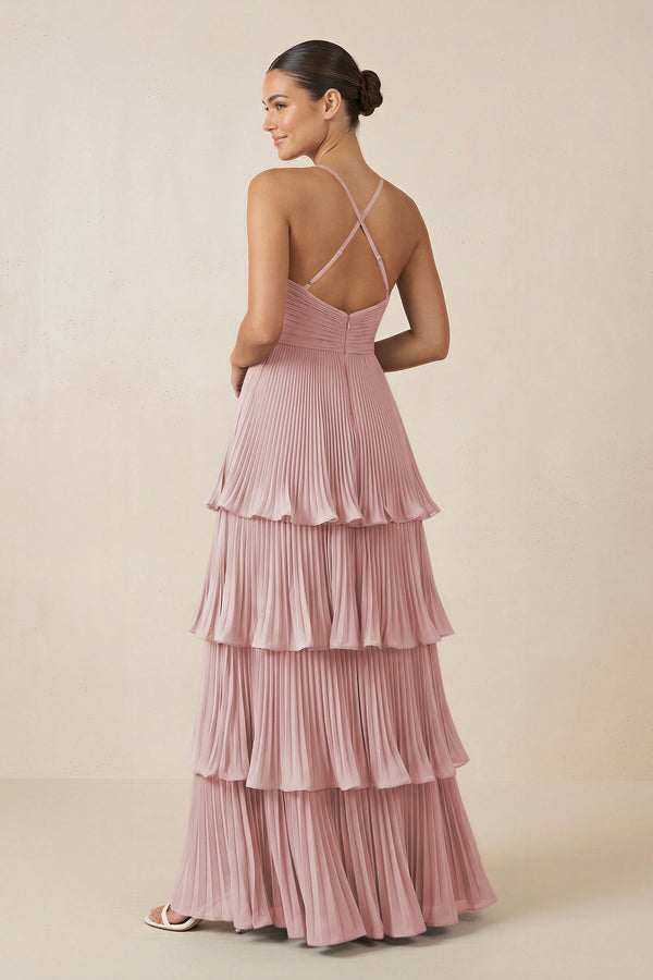 Tiered Pleated V - Neck A - Line Chiffon Bridesmaid Dress in Dusty Rose - KISS BRIDAL Bridesmaid Dresses