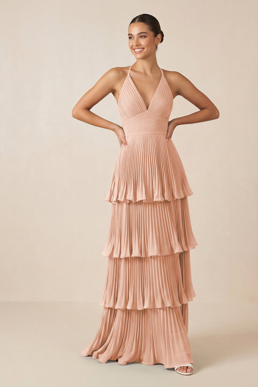 Tiered Pleated V - Neck A - Line Chiffon Bridesmaid Dress in English Rose - KISS BRIDAL Bridesmaid Dresses