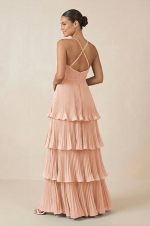 Tiered Pleated V - Neck A - Line Chiffon Bridesmaid Dress in English Rose - KISS BRIDAL Bridesmaid Dresses