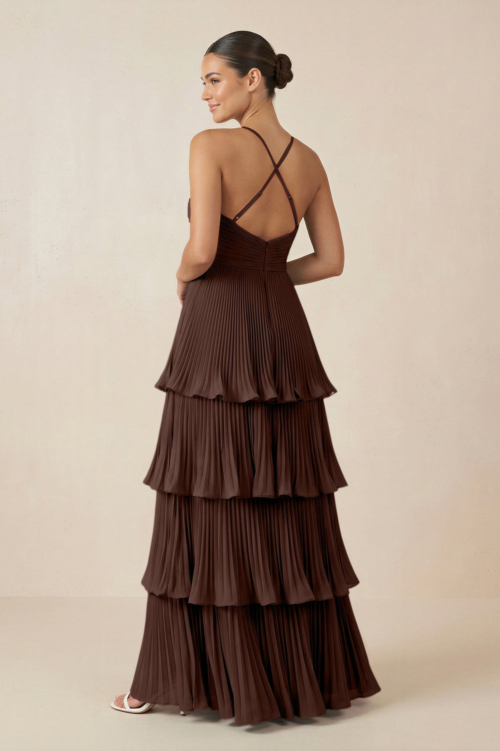 Tiered Pleated V - Neck A - Line Chiffon Bridesmaid Dress in Espresso - KISS BRIDAL Bridesmaid Dresses