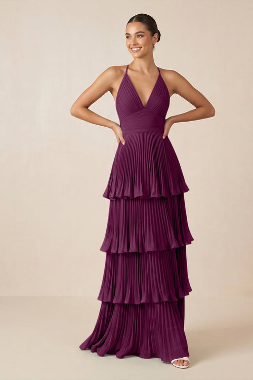 Tiered Pleated V - Neck A - Line Chiffon Bridesmaid Dress in Fig - KISS BRIDAL Bridesmaid Dresses
